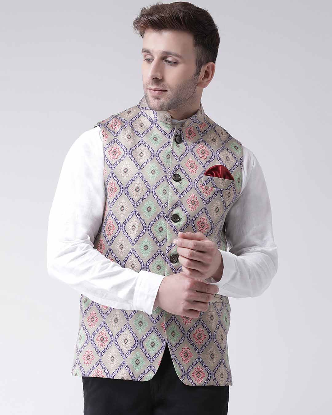 Buy Hangup Printed Casual Nehru Jacket for Men Multicolor Online at ...