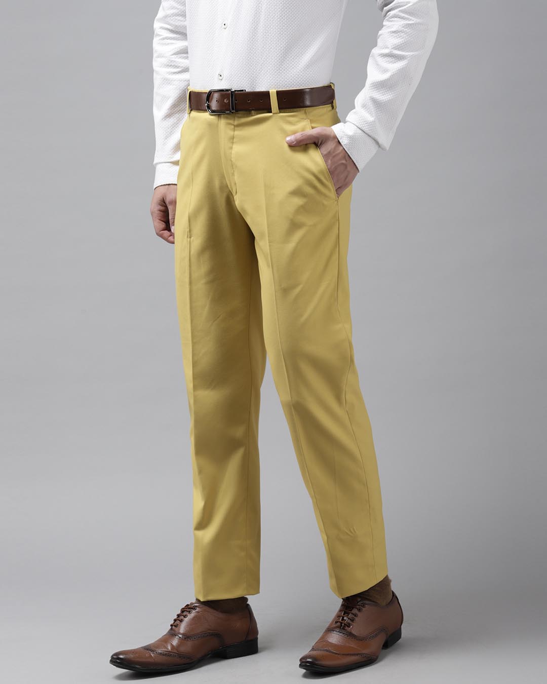 Shop Mens Pale Yellow Solid Casual Trouser-Back