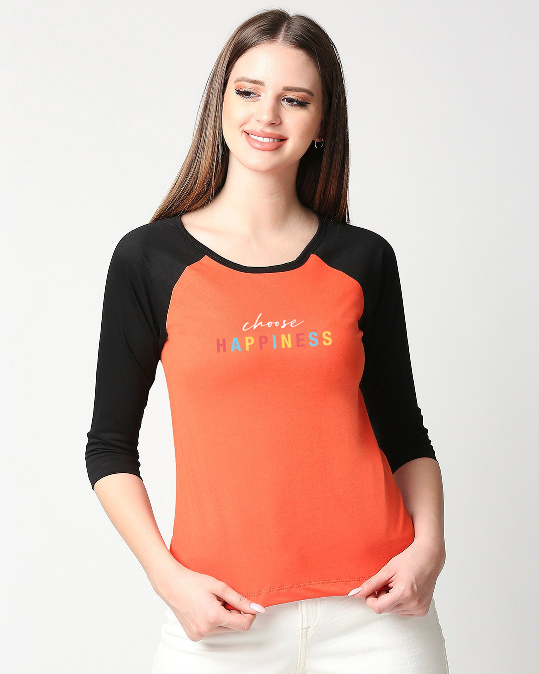 Shop Women's Black & Ornage Choose Happiness 3/4th Sleeve Slim Fit Raglan T-shirt-Back