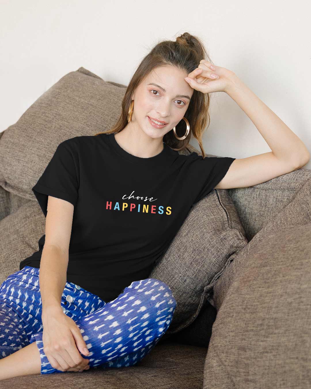 

Happiness Colorful Boyfriend T-Shirts Black Women' Printed Boyfriend T-Shirts Bewakoof.com