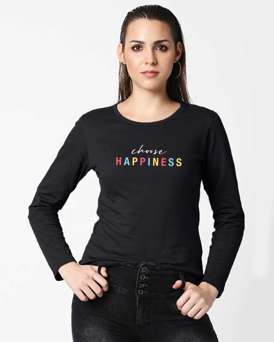 Shop Women's Black Choose Happiness Typography T-shirt-Back
