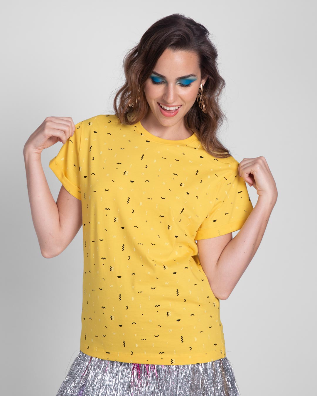 Shop Happy Yellow All Over Printed Boyfriend T-Shirts-Back