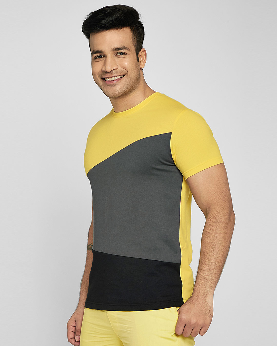 Shop Happy Yellow Color Block T-Shirt-Back
