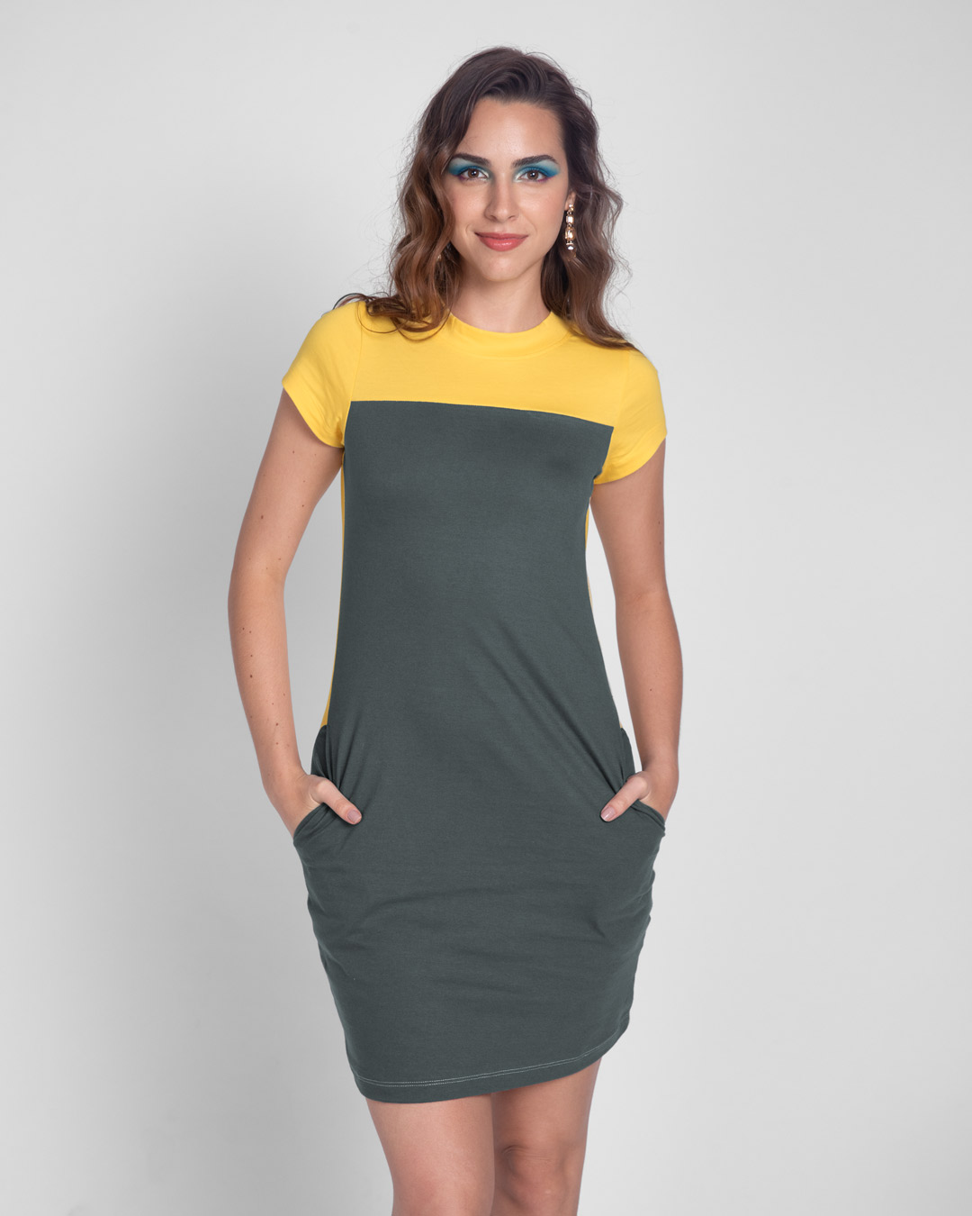 Shop Happy Yellow High Neck Two Panel Pocket Dress-Back