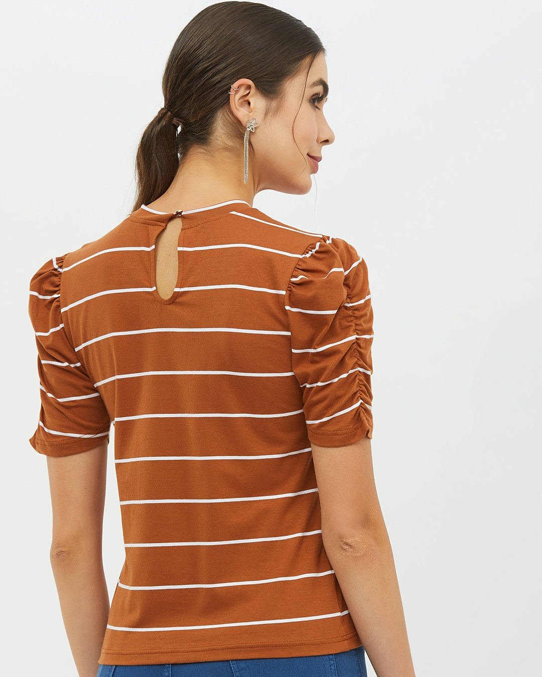 Shop Women High Neck Short Sleeves Striped T Shirt-Back