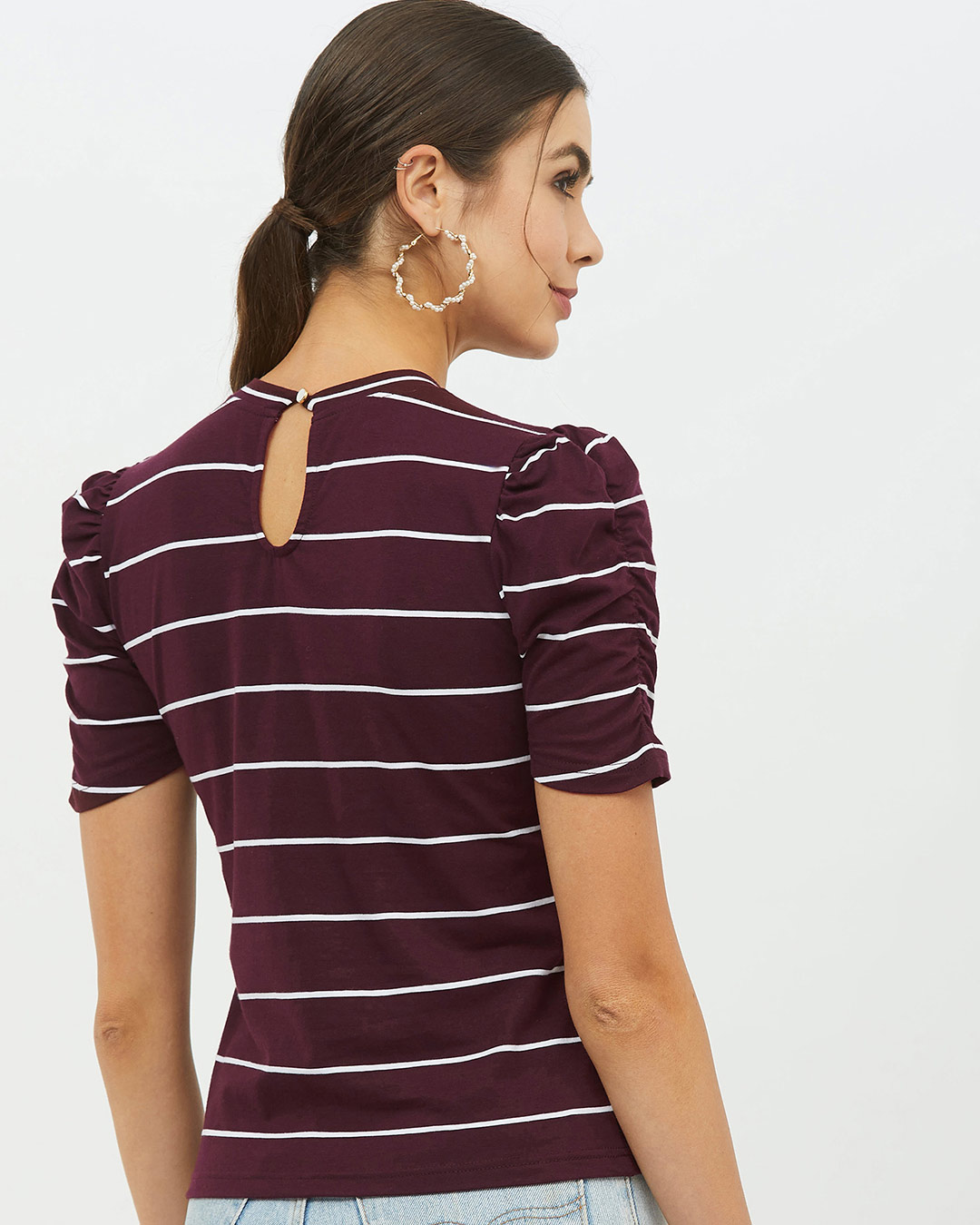 Shop Women High Neck Short Sleeves Striped T Shirt-Back