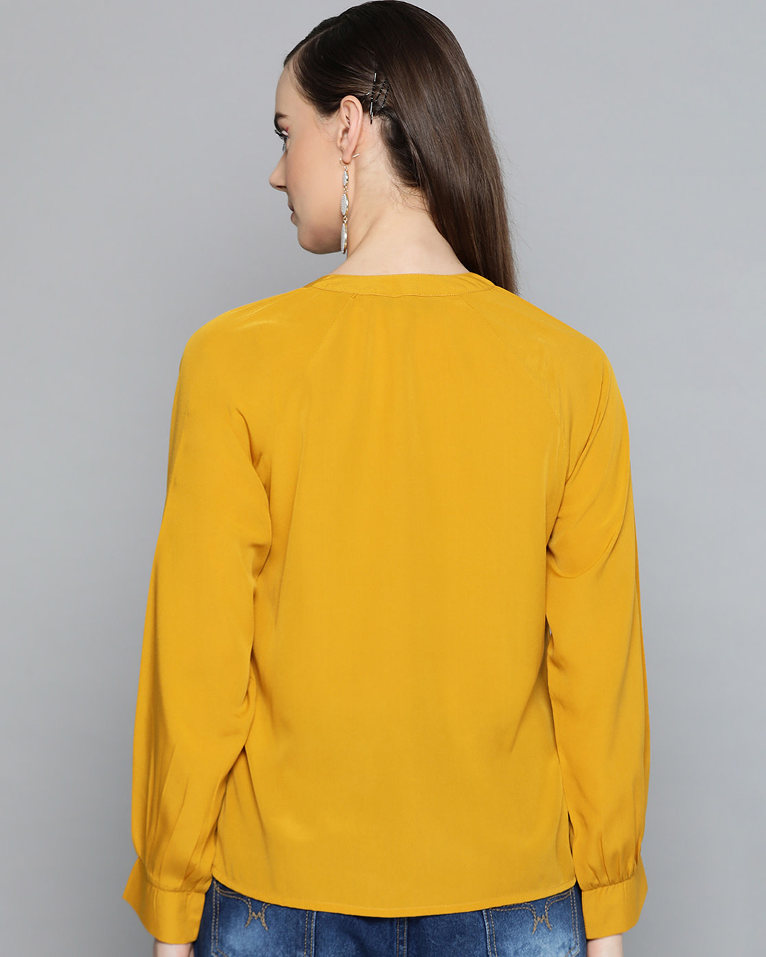 Shop Women Mandarin Collar Full Sleeve Solid Top-Back