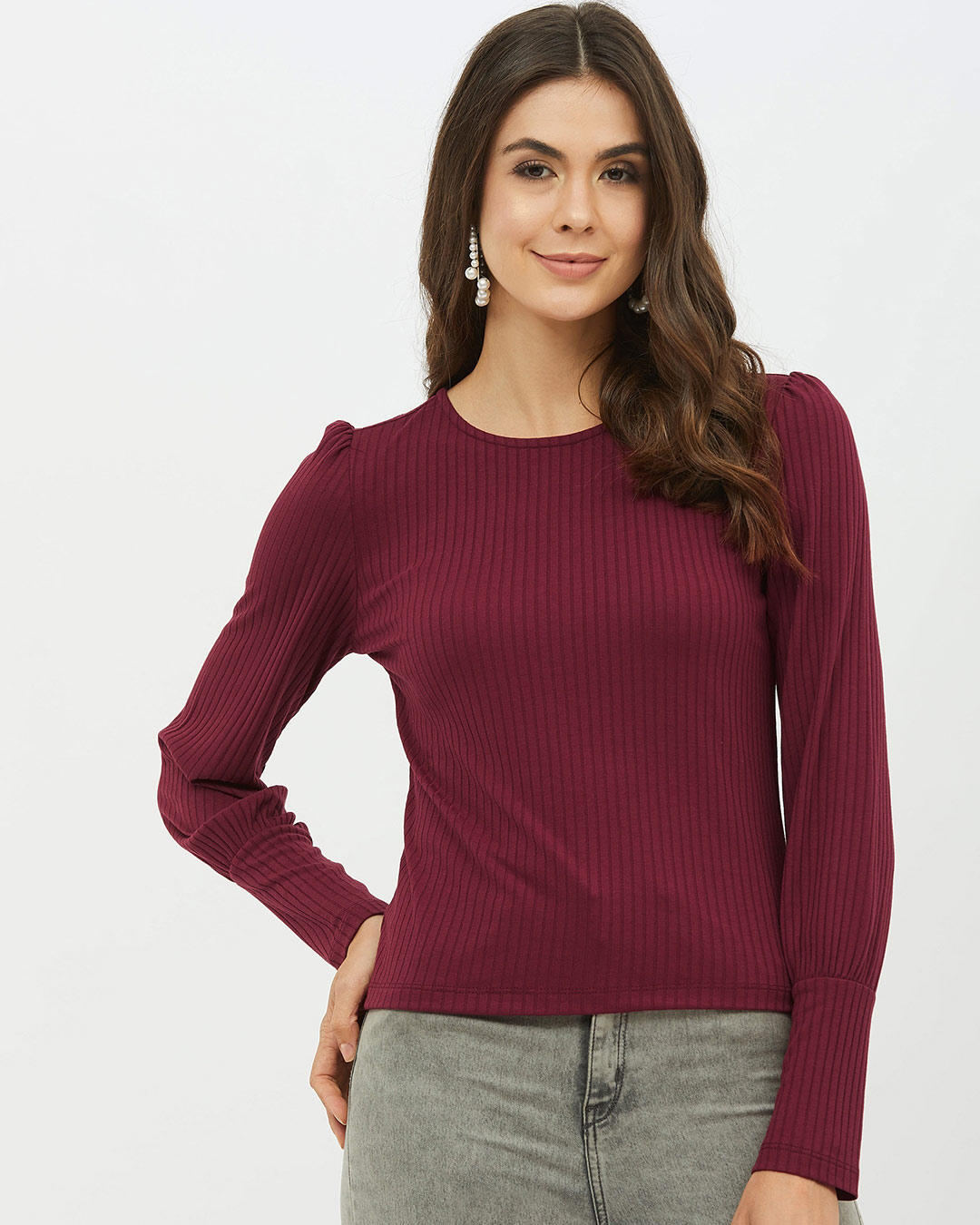 Shop Women Round Neck Full Sleeve Solid Top-Front