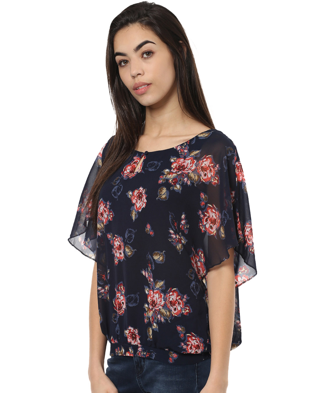 Shop Women Round Neck Short Sleeves Floral Top-Back