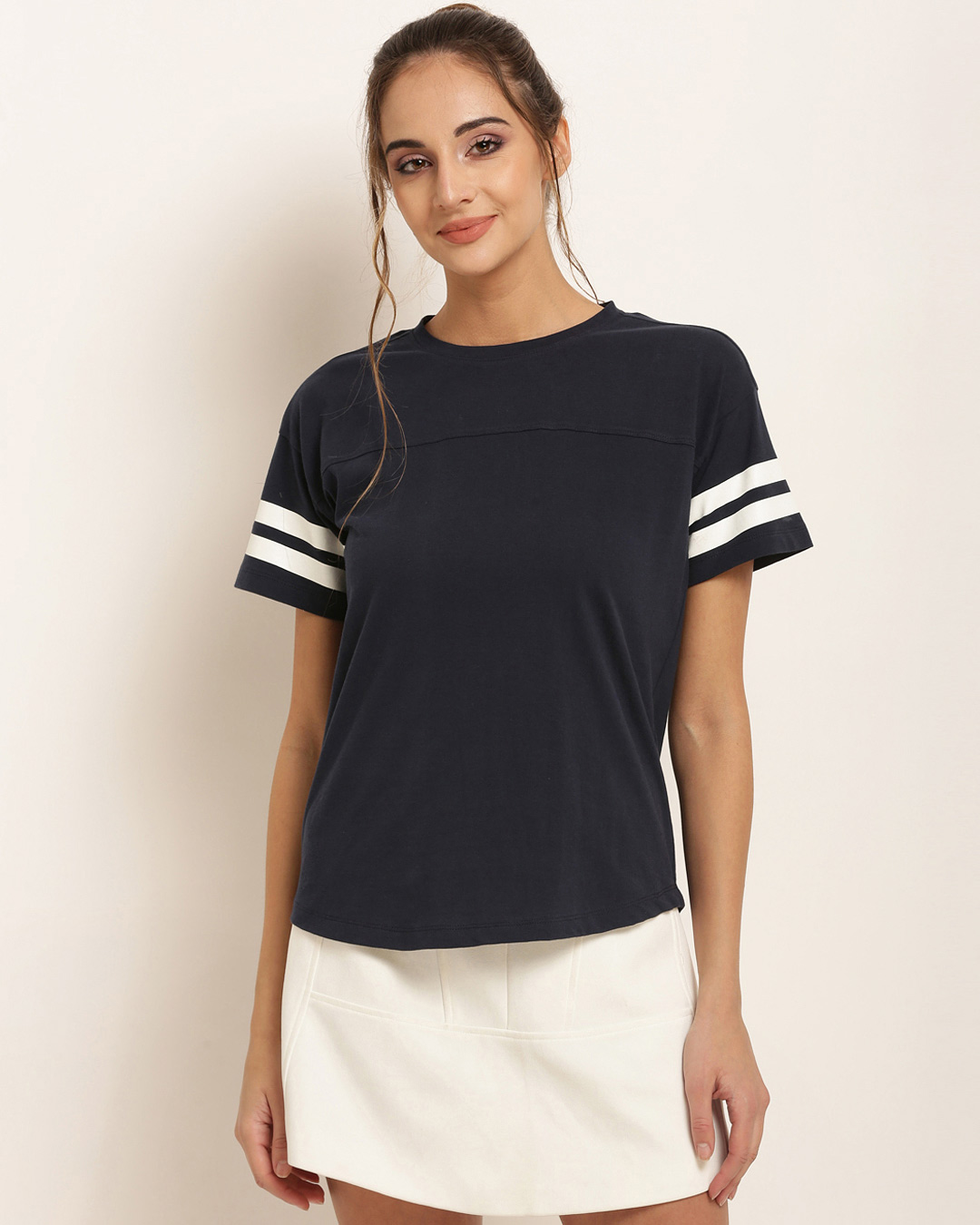 Shop Women Round Neck Short Sleeves Solid Top-Back