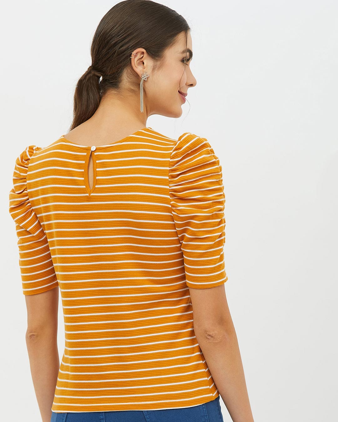 Shop Women Round Neck Short Sleeves Striped T Shirt-Back