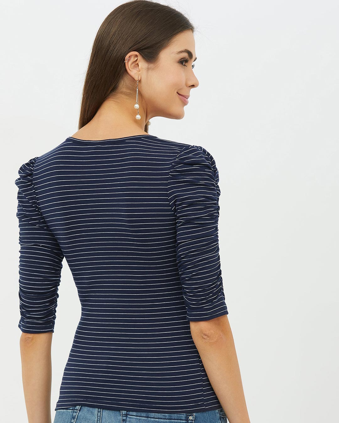 Shop Women Round Neck Short Sleeves Striped T Shirt-Back