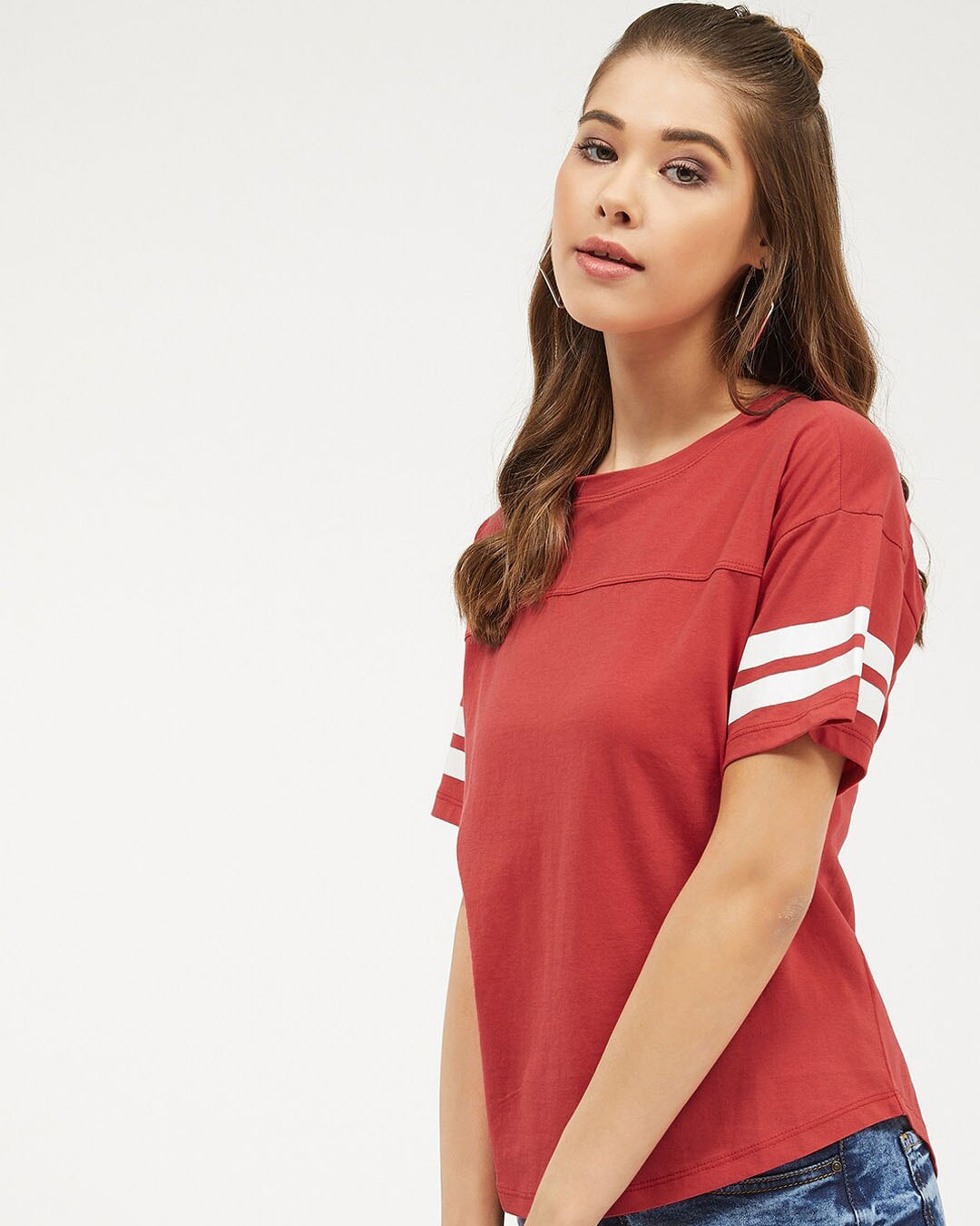 Shop Women's Round Neck Short Sleeves Striped T-Shirt-Back
