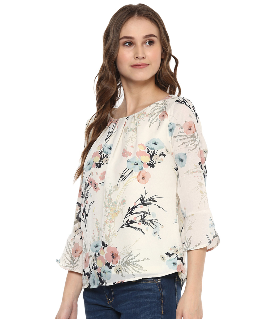 Shop Women Round Neck Three Quarter Sleeves Printed Top-Back