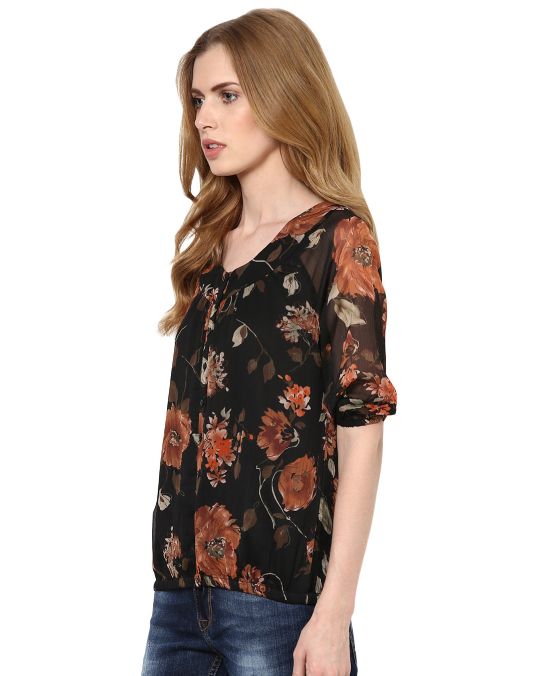 Shop Women's Round Neck Three Quarter Sleeves Printed Top-Back