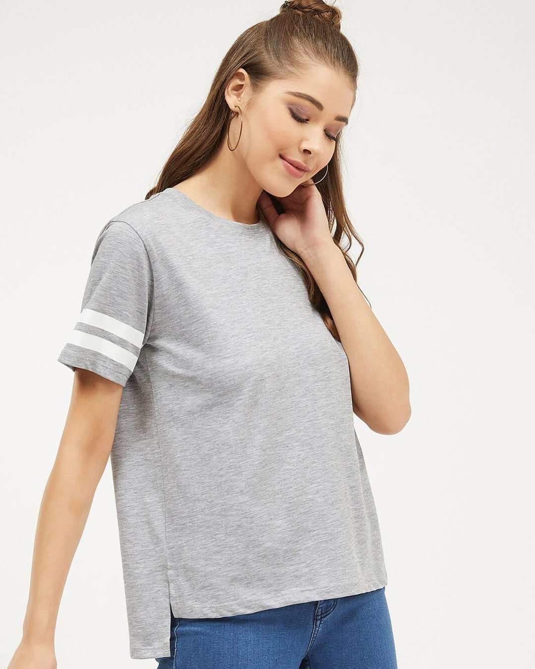 Shop Women Round Neck Three Quarter Sleeves Solid T Shirt-Back