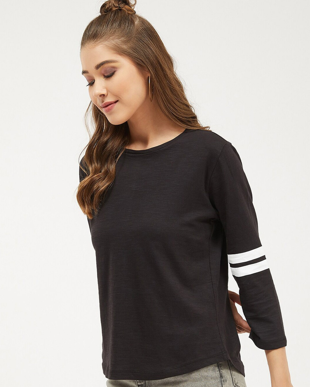 Shop Women's Round Neck Three Quarter Sleeves Solid T Shirt-Back