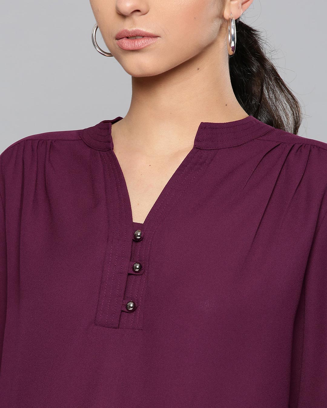 Shop Women Round Neck Three Quarter Sleeves Solid Top-Back