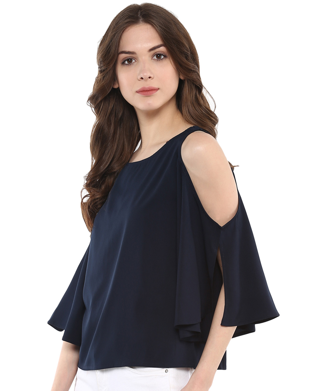 Shop Women Round Neck Three Quarter Sleeves Solid Top-Back