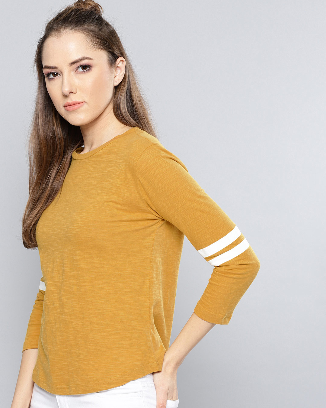 Shop Women Round Neck Three Quarter Sleeves Solid Top-Back
