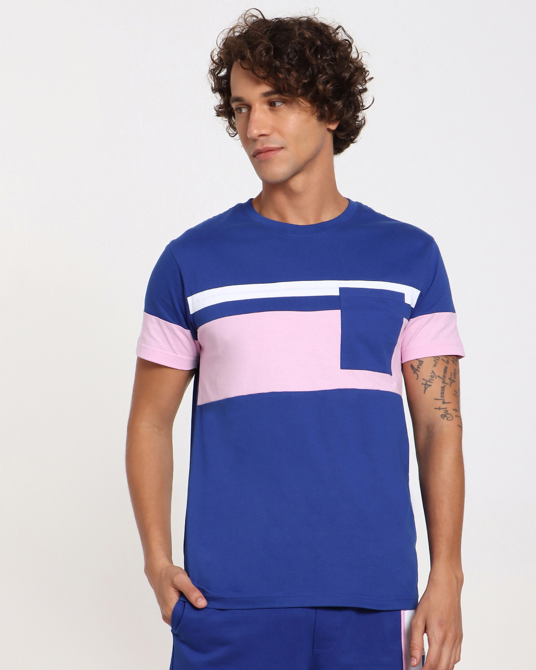Shop Hashtag Blue Chest Color Block T-Shirt-Back