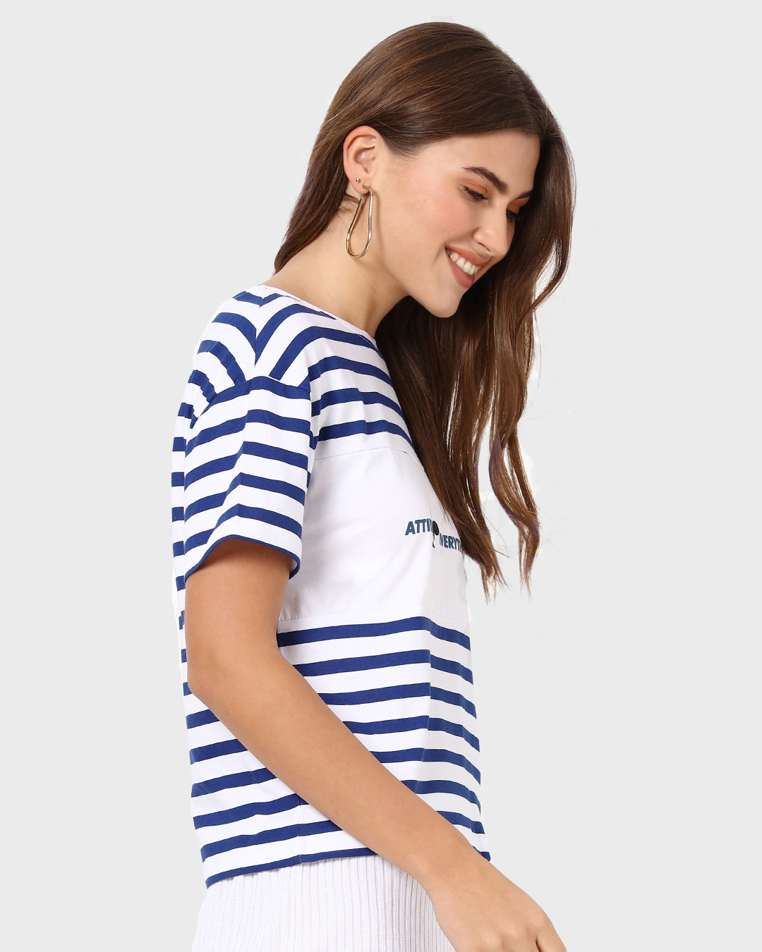 Shop Women's Blue & White Color Block Striped Relaxed Fit Short Top-Back