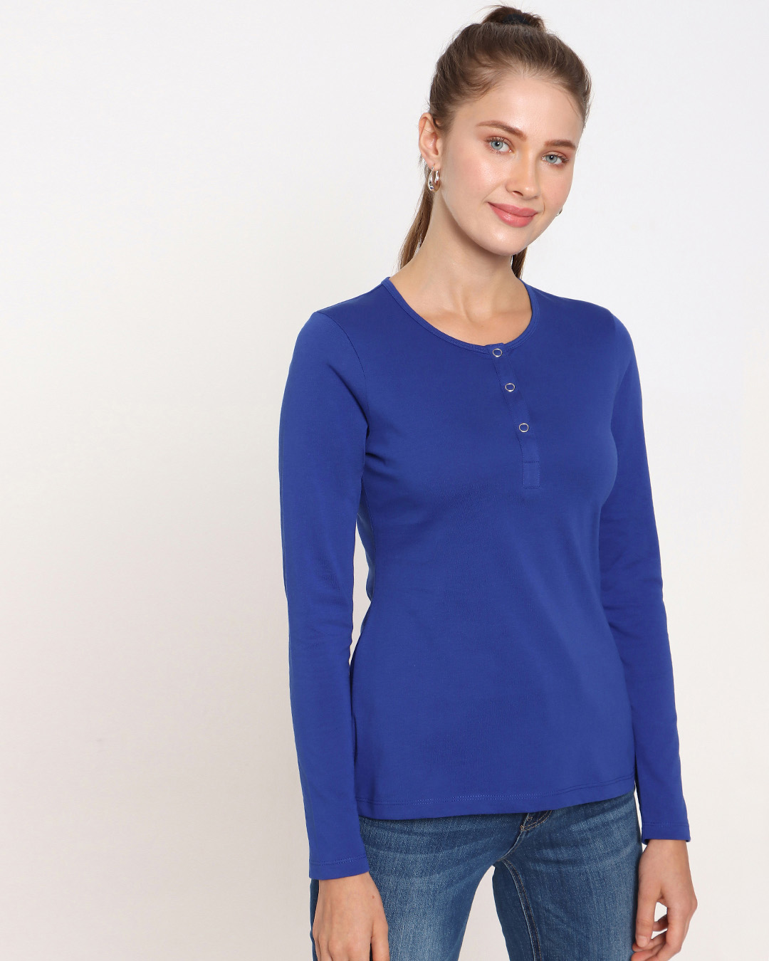 Shop Women's Hashtag Blue Henley Slim Fit T-shirt-Back