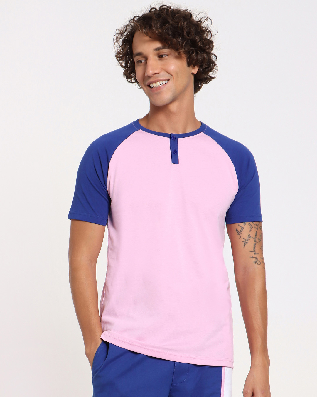 Shop Hashtag Blue Raglan Henley T-Shirt-Back