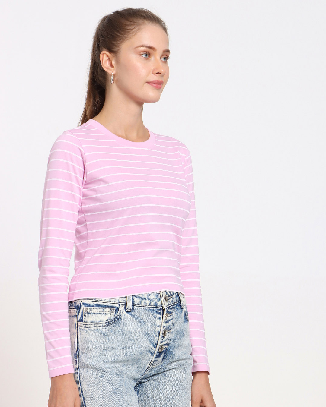 Shop Women's Pink Stripe Full Sleeve Slim Fit T-shirt-Back