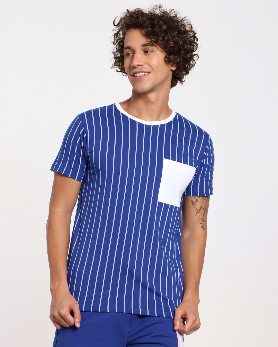 Shop Hashtag Blue Stripe Pocket T-Shirt-Back