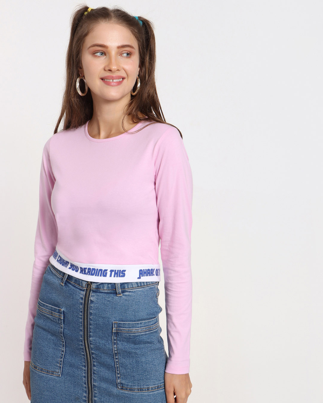 Shop Hashtag Pink Print Full Sleeve Slim Fit Short Top-Back