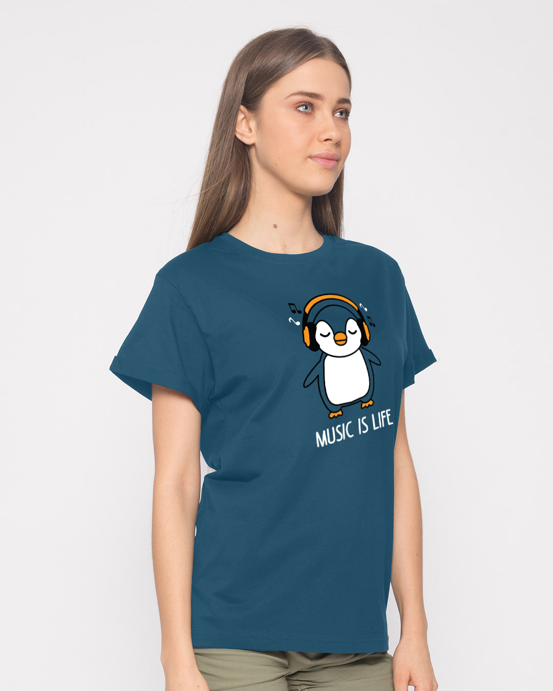 Shop Headphone Penguin Boyfriend T-Shirt-Back