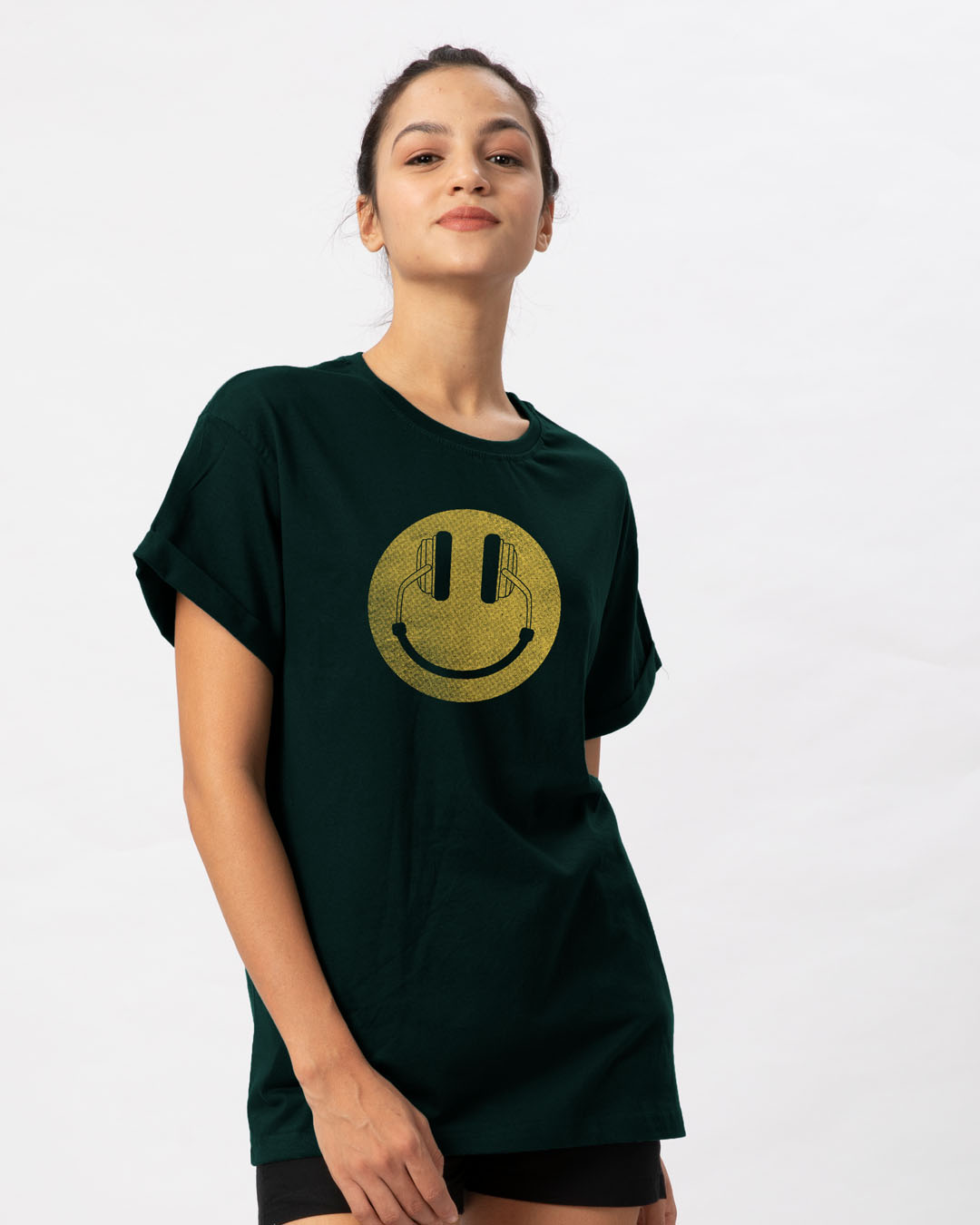 Shop Headphone Smiley Boyfriend T-Shirt-Back