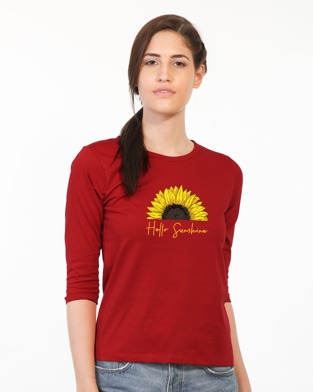 Shop Hello Sunshine Round Neck 3/4 Sleeve T-Shirt Bold Red-Back