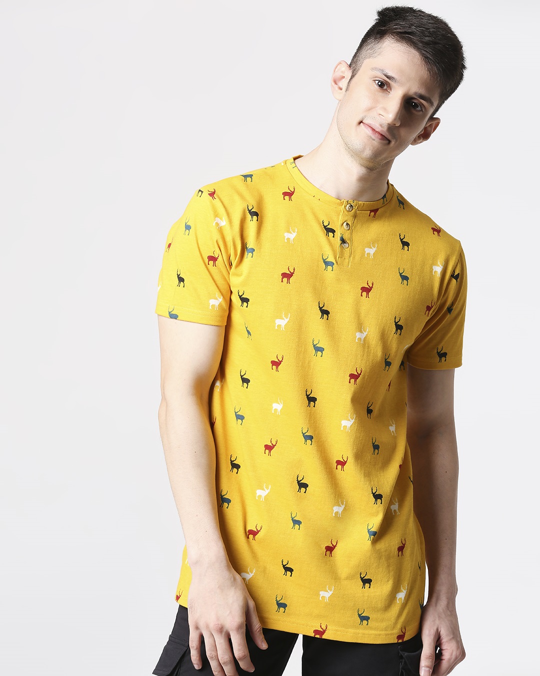 

Men Christmas Tree All Over Printed Half Sleeve Yellow T-shirt Men' Henley AOP Half Sleeves T-shirt Bewakoof.com