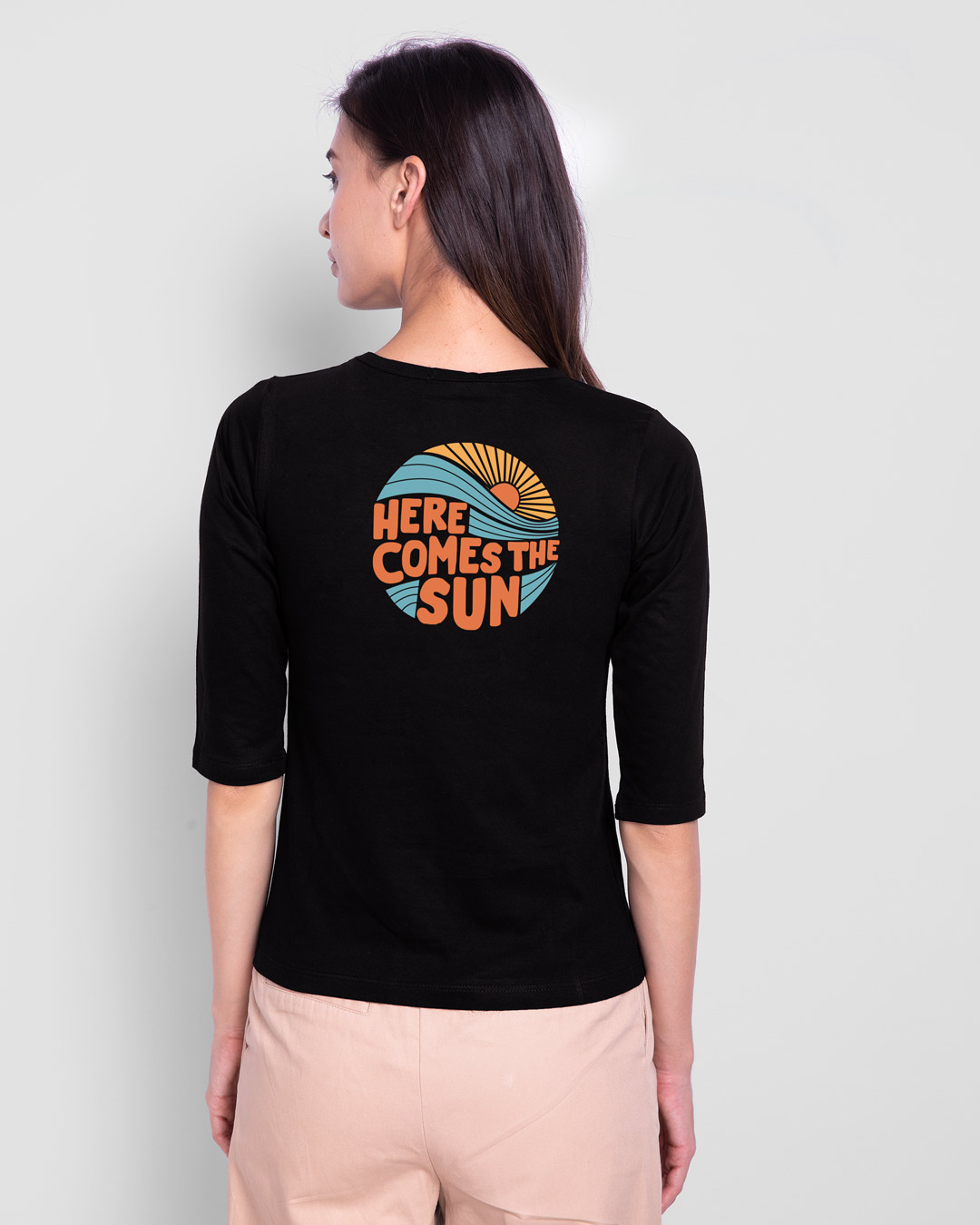 Shop Here Comes The Sun Round Neck 3/4th Sleeve T-Shirt Black-Back