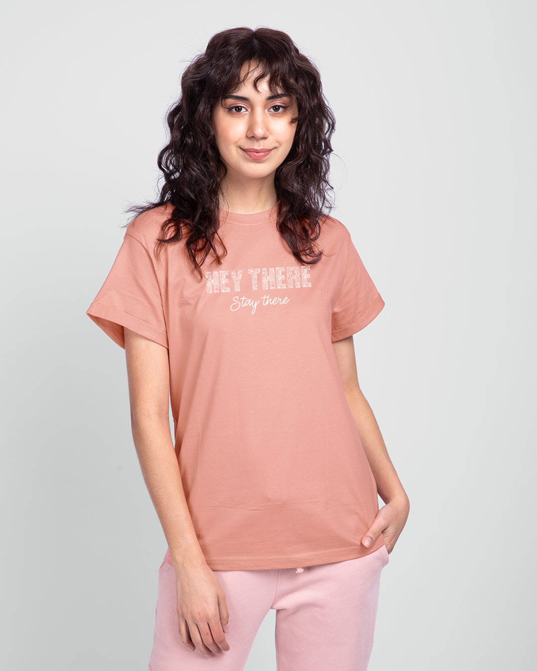 

Hey There Stay There Boyfriend T-Shirt Misty Pink Women' Printed Boyfriend T-Shirts Bewakoof.com