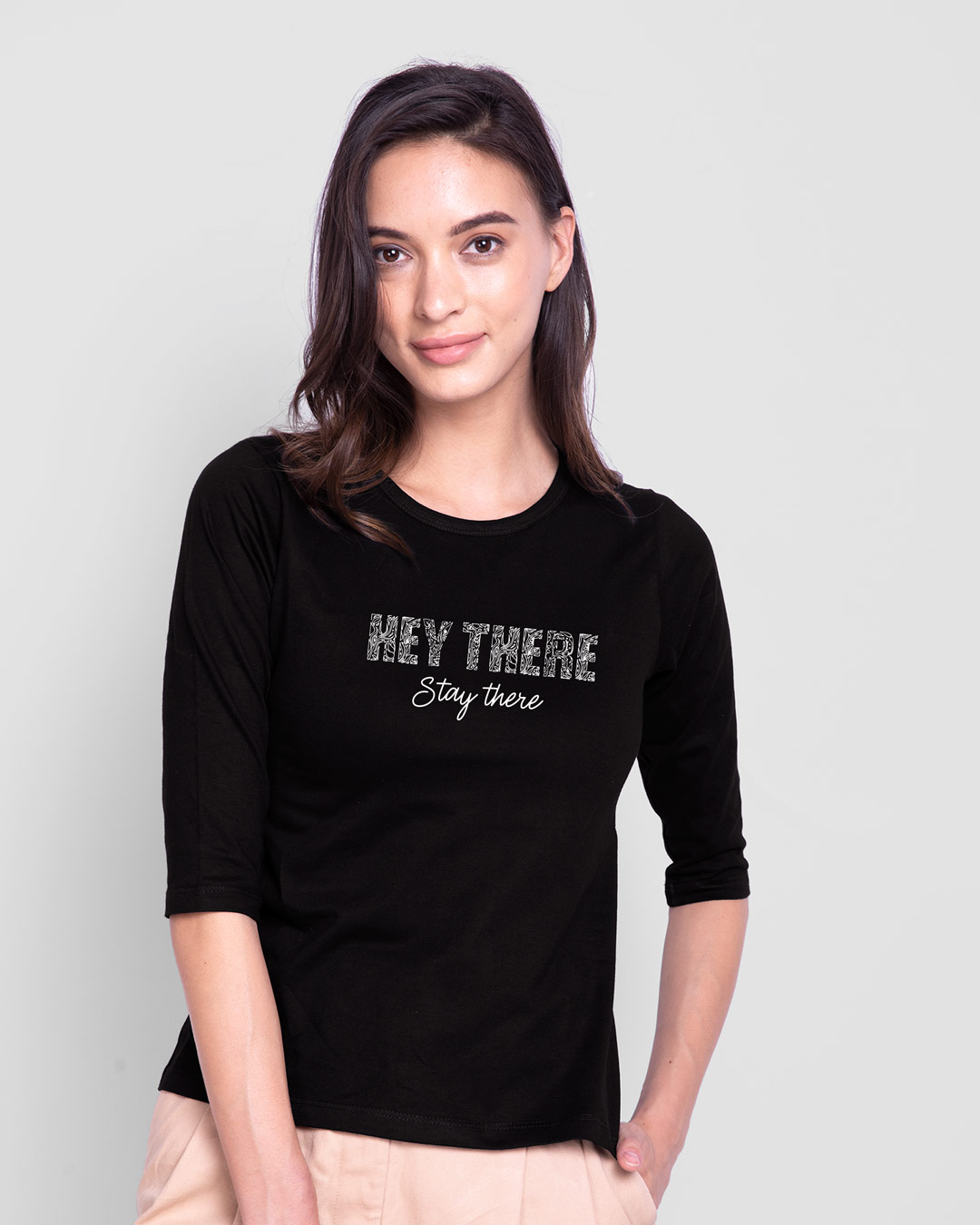 Shop Hey There Stay There Round Neck 3/4th Sleeve T-Shirt Black-Back