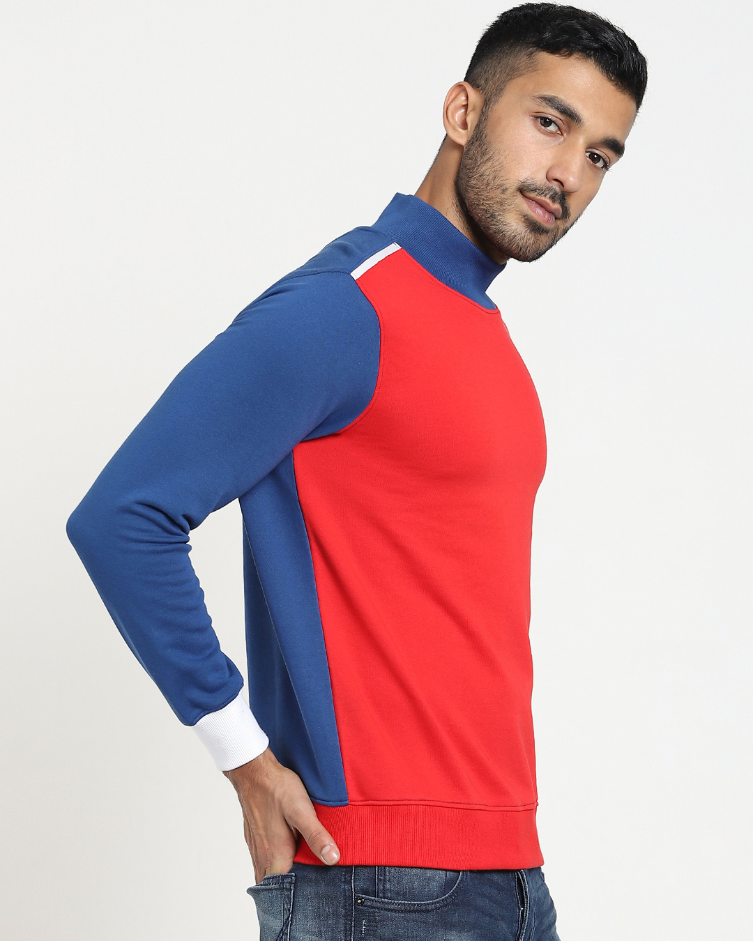 Shop Men's Red & Blue High Neck Color Block Sweatshirt-Back