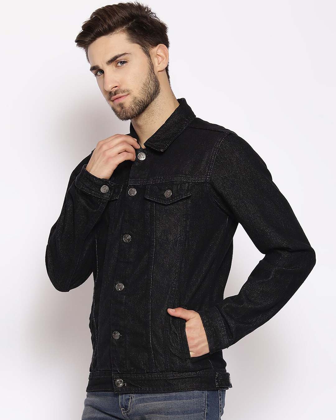 Shop Men's Black Solid Denim Jacket-Back