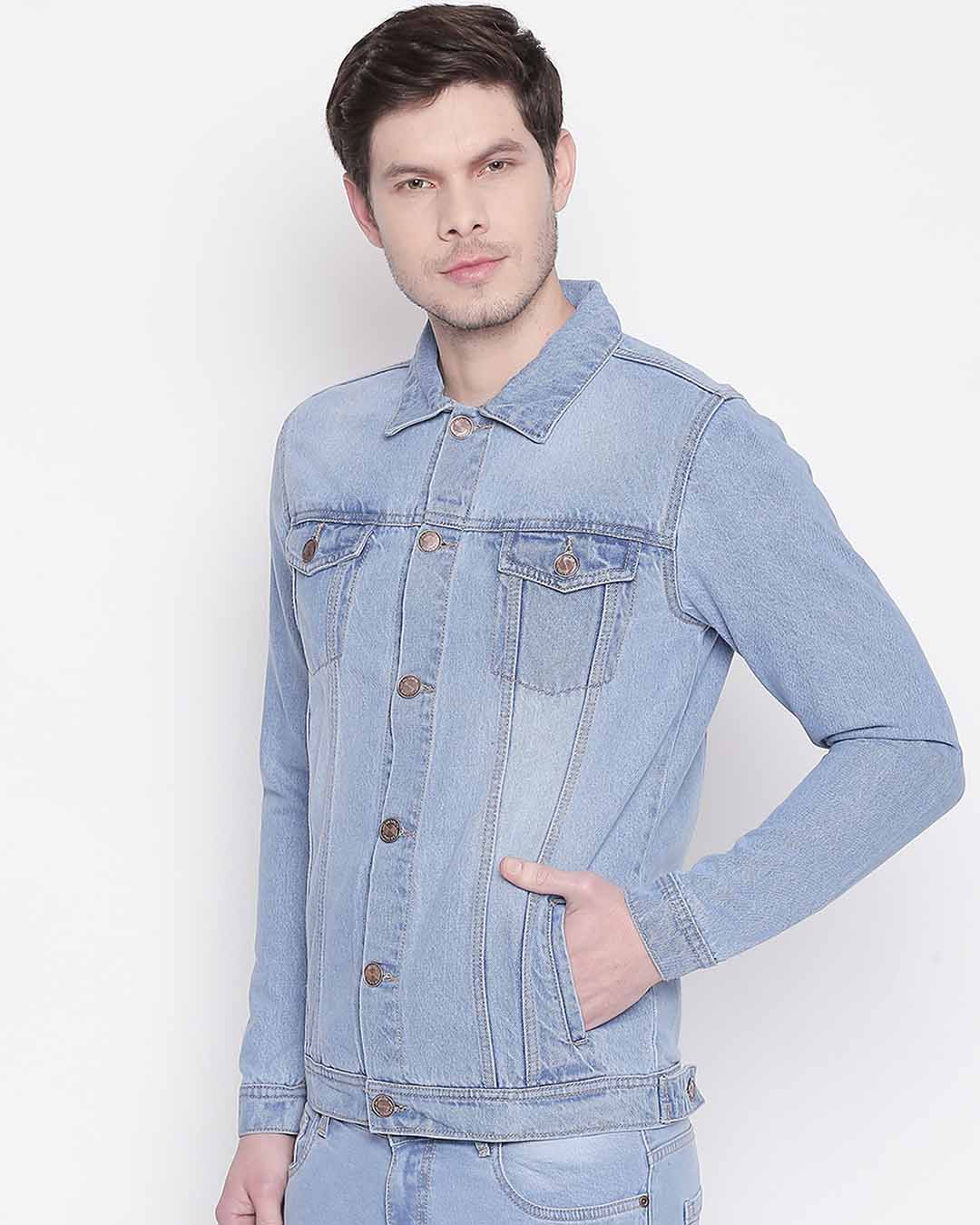 Shop Men's Blue Solid Denim Jacket-Back