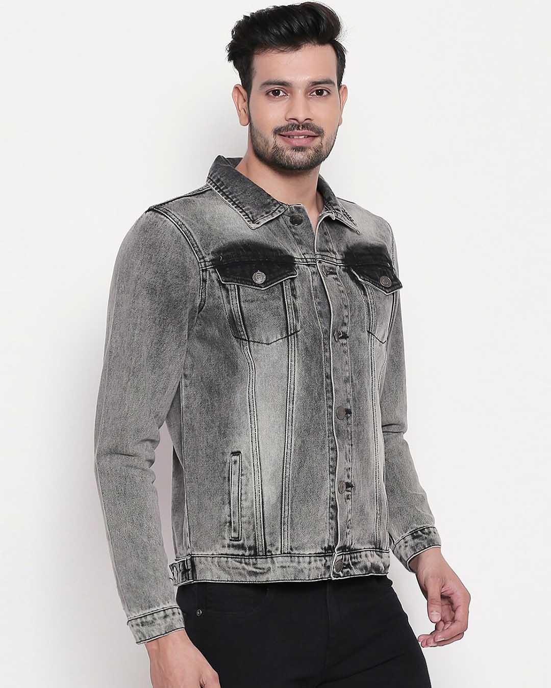 Shop Men's Grey Washed Denim Jacket-Back