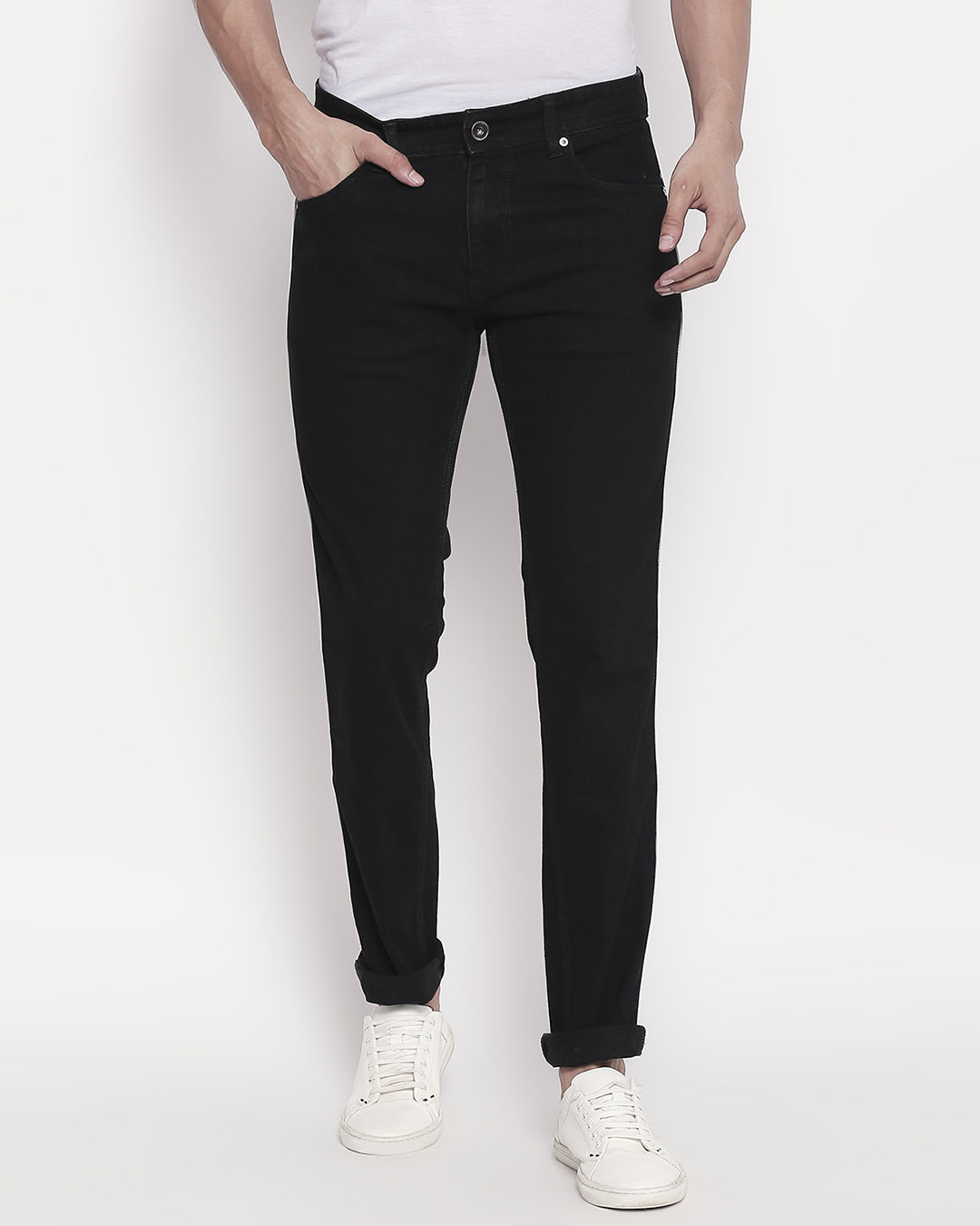 Buy Men's Black Washed With Side Twill Tape Slim Fit Mid Rise Jeans ...
