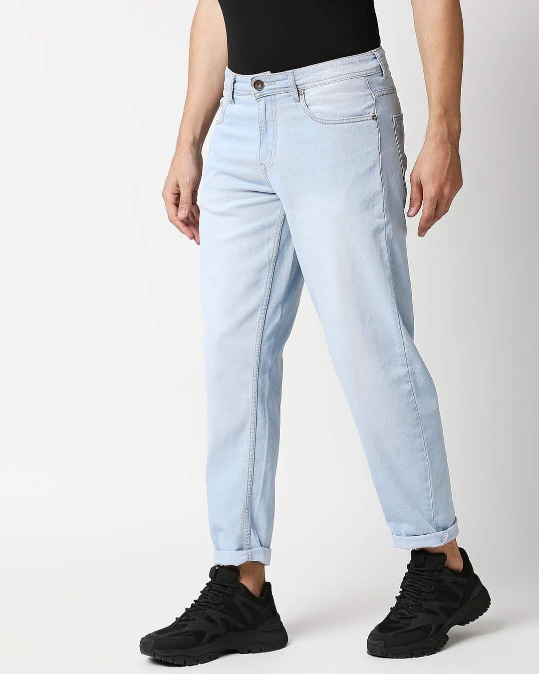 Shop Mens Blue Washed Slim Fit Mid Rise Jeans With Belt Loopsmbdrhs1027-Back