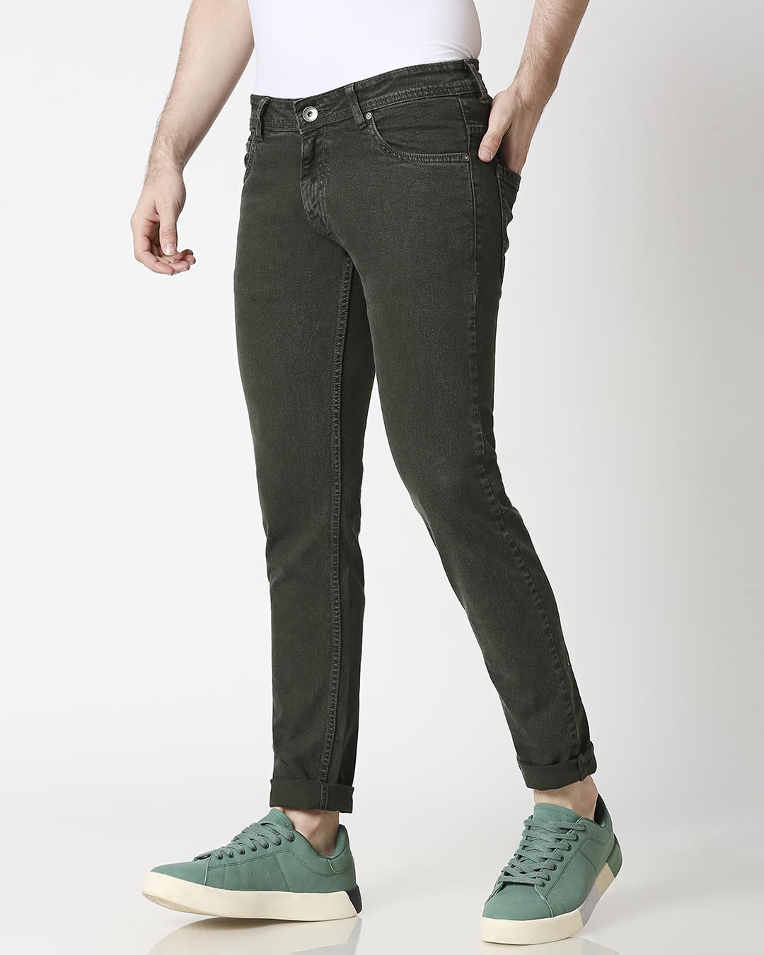 Shop Men's Olive Washed Slim Fit Mid Rise Clen Look Light Faded Jeans-Back