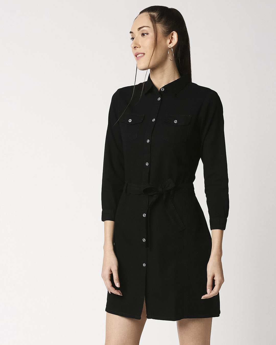 Shop Women's Black Solid Shirt Dress-Back