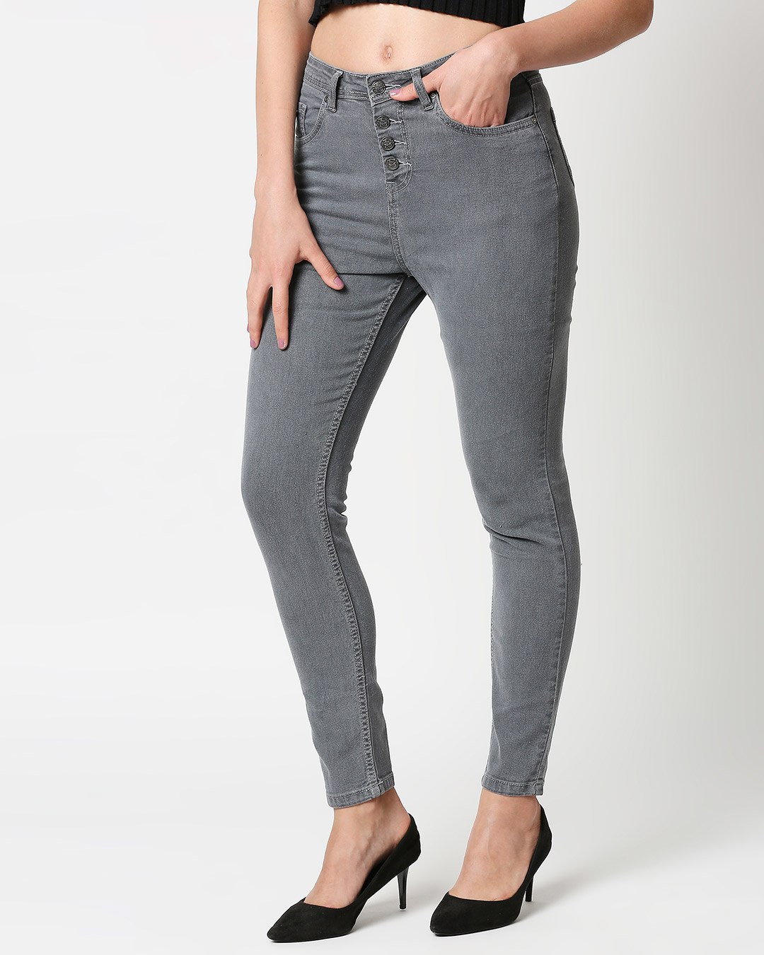 Shop Womens Grey Washed Slim Fit High Waist Jeans With Belt Loops-Back