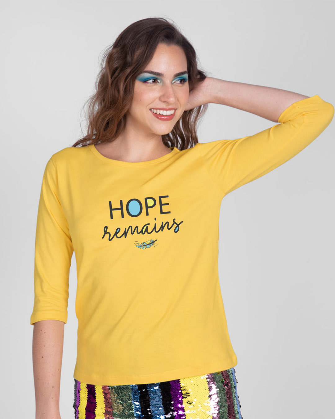 Shop Hope Feather Round Neck 3/4th Sleeve T-Shirt Happy Yellow-Back