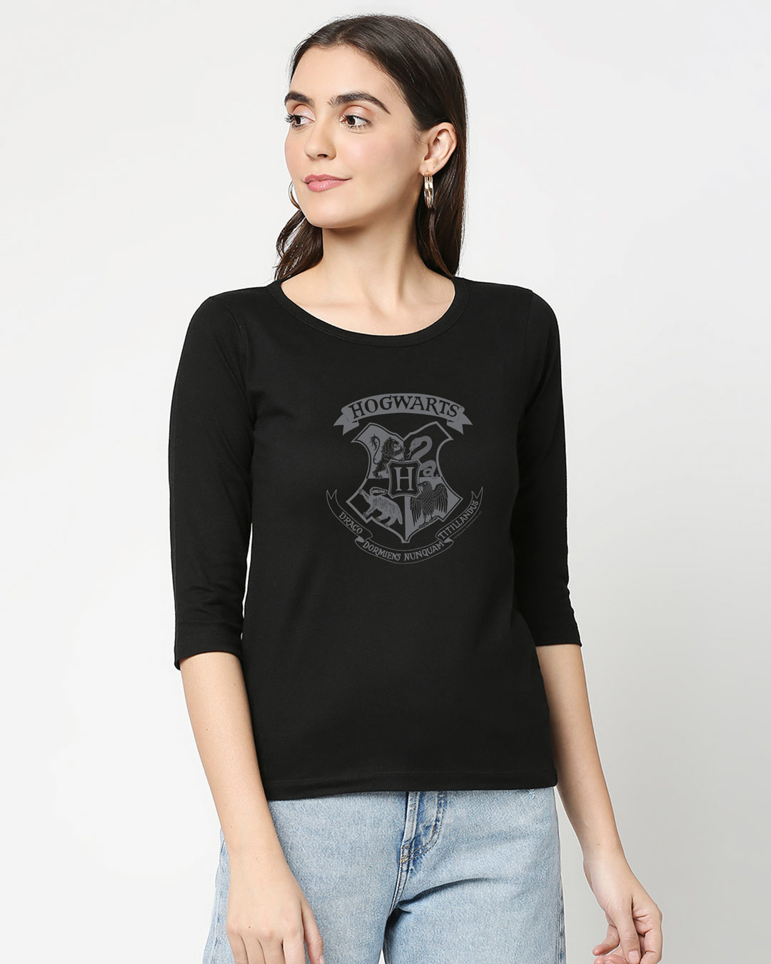Shop HP Crest Round Neck 3/4 Sleeve T-Shirt Black (HPL)-Back