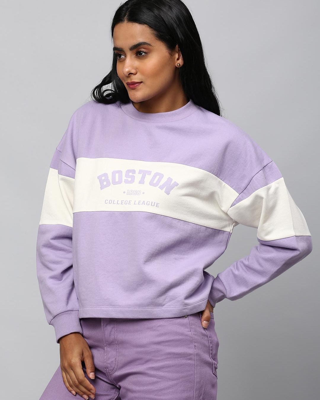 Shop Women's Purple Color Block Crop Relaxed Fit Sweatshirt-Back